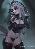 anthro bdsm black_lips female fur glistening glistening_body grey_body grey_fur grey_hair hair helluva_boss lips looking_at_viewer naughty_face solo silver675790 loona_(helluva_boss) canid canid_demon demon hellhound mammal animated webm