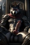 abs animal_genitalia animal_penis anthro armor ball_tuft balls canine_genitalia canine_penis cape castle clothing crown erection fluffy fur genitals glowing glowing_eyes inviting knot looking_at_viewer male muscular muscular_male penis red_eyes sitting sitting_on_throne smile smiling_at_viewer solo spreading tuft reasons240 canid canine canis domestic_dog husky mammal nordic_sled_dog spitz