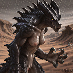 anthro athletic big_hands breasts claws female looking_at_viewer muscular muscular_female nipples raining scales solo standing tall_female veiny_arms wasteland cellz55 fallout deathclaw scalie hi_res