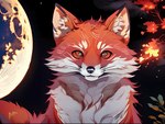 black_nose branch canid canine fox fur kyshan-73 light looking_at_viewer male mammal moon moonlight night red_body red_eyes red_fur white_body white_fur
