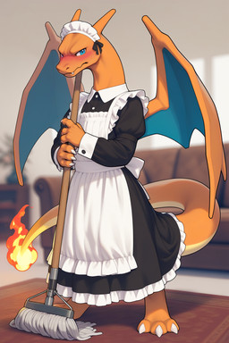 4_fingers anthro blue_eyes blurred_background blush claws cleaning_tool clothing fangs fingers fire flaming_tail furniture holding_object horn inside looking_at_viewer maid_headdress maid_uniform male mop mythology nervous nervous_expression nervous_sweat orange_body shy sofa solo standing tail teeth uniform wings hummuna nintendo pokemon charizard dragon generation_1_pokemon mythological_creature mythological_scalie pokemon_(species) scalie full-length_portrait hi_res portrait
