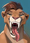 anthro black_lips blue_eyes bodily_fluids fangs female lips mohawk mouth_shot narrowed_eyes open_mouth sabertooth_(anatomy) saliva sharp_teeth teeth tongue tongue_out felid feline lion mammal pantherine hi_res