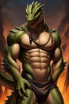 abs abstract_background anthro boxers_(clothing) clothing fire male muscular muscular_male nude open_mouth smoke solo teeth_showing underwear underwear_bulge xal-zul_(director) lizardman reptile scalie