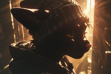 anthro beanie black_body black_fur clothed clothing face_focus fur half-closed_eyes hat headgear headwear hoodie inside male narrowed_eyes pink_nose smile solo standing topwear tuft yellow_sclera kbi suscat domestic_cat felid feline felis humanoid mammal portrait three-quarter_portrait