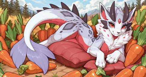 black_horn carrot claws eyeliner female feral field food fur fur_markings gem horn leaf looking_at_viewer lying makeup markings mountains multicolored_body multicolored_fur mythology on_side pillow plant red_eyes smile smiling_at_viewer solo spiked_tail spikes spikes_(anatomy) tail thick_tail tree tuft vegetable wheat_field snafuw canid canine dragon fox hybrid mammal mythological_creature mythological_scalie scalie 2026 novafurryxl_(model)