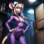 anthro basement blonde_hair blue_eyes breasts cleavage clothed clothing eyewear female fur goggles hair hand_on_hip inside jumpsuit long_hair medium_breasts purple_clothing smile solo standing tan_body tan_fur unzipped neutron_alchemist gadget_hackwrench mammal mouse murid murine rodent