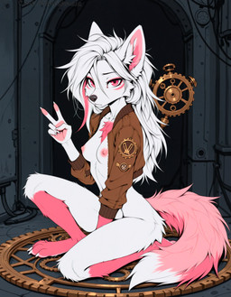 anthro female fluffy hair nipples nude paws pink_body pink_eyes pink_nipples sitting slim solo tail white_body white_hair djar17 yoki_j_(yj) canid canine fox mammal absurd_res hi_res