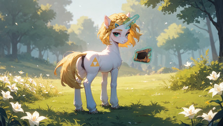 animal_genitalia animal_pussy anus aura blonde_hair cutie_mark day eyelashes female feral field flower fur genitals green_eyes hair horn looking_at_viewer looking_back looking_back_at_viewer magic magical_aura mane outside plant puffy_anus pussy shadow smile smiling_at_viewer solo tail tree unicorn_horn white_body white_fur yellow_tail truekry my_little_pony nintendo the_legend_of_zelda princess_zelda equid equine mammal unicorn hi_res