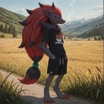 3_toes anthro arm_tuft biped black_bottomwear black_clothing black_shirt black_topwear blue_eyes bottomwear cigarette cigarette_in_mouth claws clock clothed clothing cloud day detailed_background digitigrade feet fingers fully_clothed fur grass grey_body grey_fur hair hand_in_pocket long_hair male mountain neck_tuft object_in_mouth outside path plant pockets red_hair scenery shadow shirt shorts sky smile smoke smoking solo standing text text_on_clothing text_on_shirt text_on_topwear toe_claws toes topwear tree tuft watch hummuna nintendo pokemon canid canine generation_5_pokemon mammal pokemon_(species) zoroark absurd_res english_text full-length_portrait hi_res portrait shaded