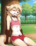 anthro athletic blonde_hair blush bodily_fluids bottomwear bra bulge clothed clothing crop_top fur genital_outline girly grass gym_clothing hair male midriff navel one_eye_closed open_mouth outside penis_outline plant prompt red_eyes shirt shorts sitting solo sweat tank_top topwear tree underwear white_body white_fur anontk twokinds clovis_(twokinds) canid canine mammal hi_res