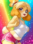 anthro belly bodily_fluids bottomwear breath clothing curvy_figure dolphin_shorts fat_rolls female floppy_ears fur multicolored_eyes navel panting psychedelic rainbow running shirt shorts slightly_chubby solo squish sweat tail tank_top thick_thighs tongue tongue_out topwear voluptuous yellow_body sherlock_hound_(director) animal_crossing nintendo isabelle_(animal_crossing) canid canine canis domestic_dog mammal shih_tzu toy_dog detailed hi_res shaded soft_shading