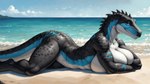 anthro beach_background big_breasts big_butt blue_body blue_scales bottomless breast_rest breast_squish breasts butt clothed clothing female green_eyes grey_body grey_scales huge_breasts long_tail looking_at_viewer lying markings mouth_closed non-mammal_breasts nude ocean_view on_front scales sea side_view sky smile solo squish thick_thighs water diggs dinosaur dromaeosaurid reptile scalie theropod velociraptor hi_res