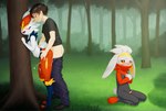 anthro bodily_fluids bottomwear buckteeth clothing crying cuckold cum duo female forest genital_fluids genitals infidelity male male/female pants penis plant shirt side_view small_penis tapering_penis tears teeth topwear tree lewt nintendo pokemon cinderace generation_8_pokemon human mammal pokemon_(species) raboot hi_res
