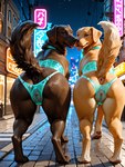 anatomically_correct anatomically_correct_genitalia anatomically_correct_pussy anus city city_background clothing collar corset duo female female/female feral genitals lingerie looking_at_viewer looking_back neon panties presenting presenting_pussy pussy topwear translucent translucent_clothing translucent_panties translucent_underwear underwear goldendog bird_dog canid canine canis domestic_dog hunting_dog labrador mammal retriever hi_res