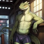 anthro areola bedroom_eyes blush boxer_briefs bulge clothed clothing green_body green_eyes horn lizard lizardman male multi_horn muscular narrowed_eyes nipples pose reptile scalie seductive smile solo tail topless underwear underwear_only