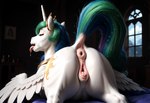 ahegao animal_genitalia animal_pussy anus bed equine_anus equine_genitalia equine_pussy female feral furniture genitals horn looking_pleasured pussy raised_tail solo teats tongue tongue_out wings mare_fan_ultimate friendship_is_magic my_little_pony princess_celestia_(mlp) equid equine horse mammal winged_unicorn hi_res