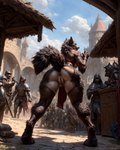 anthro anus armor butt canid canine canis castle female genitals group hi_res looking_at_viewer looking_back looking_back_at_viewer mammal medieval multicolored_body presenting presenting_hindquarters pussy raised_tail rear_view two_tone_body wolf