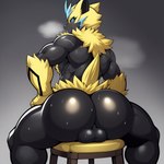 anthro balls black_body blue_eyes bodily_fluids bubble_butt butt genitals male musk_clouds pokémon sitting solo sweat yellow_body candougie felid feline felis generation_7_pokemon legendary_pokemon mammal pokemon_(species) zeraora