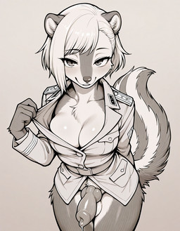 animal_genitalia animal_penis anthro balls belt big_breasts blush bodily_fluids breasts canine_genitalia canine_penis chest_tuft cleavage clothed clothing fingers front_view genital_fluids genitals gynomorph hair hip_tuft inner_ear_fluff intersex jacket knot leaking_precum long_tail looking_at_viewer military_uniform penis precum seductive short_hair simple_background smile solo standing topwear tuft uniform vein anonymous_director mammal mephitid skunk monochrome