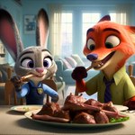 anthro canid canine eating female food_in_mouth fox judy_hopps lagomorph leporid male male/female mammal nick_wilde rabbit zootopia