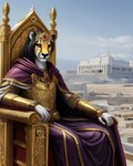 anthro armor byzantine cape chair cheetah clothing emperor felid feline furniture gold_(metal) gold_jewelry hair hi_res jewelry long_hair male mammal royalty solo throne