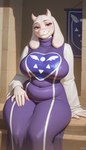 anthro breasts clothing female floppy_ears fur horn looking_at_viewer red_eyes sitting smile smiling_at_viewer solo white_body white_fur unknown_director undertale_(series) toriel bovid caprine mammal hi_res