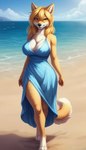 anthro beach big_breasts blonde_hair breasts canid canine canis cleavage clothed clothing domestic_dog dress eminence female hair looking_at_viewer mammal seaside shelly shiba_inu smile solo spitz walking wide_hips