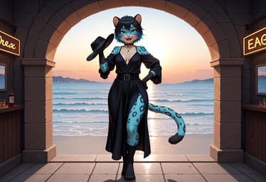 5_fingers alcohol anthro beach belt beverage black_clothing black_dress black_footwear black_hair blue_body blue_eyes blue_fur blue_hair boots bottle breasts cleavage clothed clothing container countershading detailed_background dress eyebrows feet female fingers footwear fur hair hand_on_hip hat headgear headwear holding_object jewelry looking_at_viewer markings multicolored_hair necklace open_mouth outside pink_nose sea seaside short_hair sky smile solo spots spotted_body spotted_fur standing sun_hat sundress sunset tail tail_markings teeth text toes tongue two_tone_hair water crashbandit felid mammal pantherine snow_leopard comfyui_(software) digital_media_(artwork) nai-diffusion-4-full_(model) novakemonoxl_(model) prompt_metainfo
