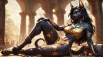 abs anthro breasts clothed clothing coin egyptian female fur gold_(metal) gold_clothing gold_jewelry golden_eyes hair jewelry leaning leaning_back palace seductive solo solo_focus director_elkkue anubian_jackal canid canine canis jackal mammal hi_res