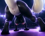 2_toes 3_fingers anus bent_over big_breasts black_body black_skin breasts butt feet female fingers generation_1_pokemon genitals glistening glistening_body glistening_skin hanging_breasts hi_res huge_breasts legendary_pokemon long_tail low-angle_view macro mewtwo night nipples paws perspective pokemon_(species) pussy rear_view solo stablexai stadion tail_anus toes white_body white_skin worm's-eye_view