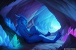 4_toes ambiguous_gender anthro blue_body cave crystal crystal_cave digitigrade dragon eyes_closed feet glowing horn inside kobold nude open_mouth open_smile relaxed reptile scalie smile solo toes trickypride watermark