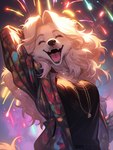 anthro black_nose breasts clothed clothing eyes_closed female fireworks fur hair happy jewelry necklace open_mouth shirt solo teeth tongue topwear tuft sappy_(director) bird_dog canid canine canis domestic_dog golden_retriever hunting_dog mammal retriever hi_res portrait