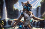 anthro bathing clothed clothing female genitals glowing machine nipples nude para plant protogen seductive shy solo topless water waterfall