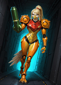 alternate_species anthro armor beak blonde_hair blue_eyes claws detailed_background female furrification hair long_hair ponytail solo talons varia_suit video_games anonymous_director metroid nintendo samus_aran avian chozo hi_res