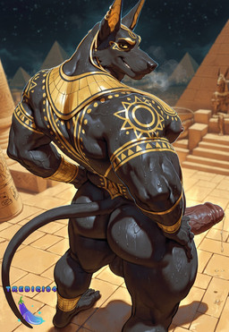 balls black_eyes bodily_fluids butt ear_piercing egypt egyptian_mythology fingernails foreskin genital_fluids genitals gold_(metal) gold_jewelry jewelry male muscular nails night pecs penis piercing precum shadows smile smiling_at_viewer solo tail tattoo thick_thighs yellow_sclera tredici04 anubis canid canine canis deity domestic_dog humanoid mammal hi_res