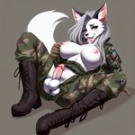 anthro bodily_fluids boots breasts clothing crossgender cum cum_in_mouth cum_inside footwear fur genital_fluids genitals gynomorph intersex looking_at_viewer military military_uniform nipples presenting smile uniform white_body white_fur jackehhhchun helluva_boss loona_(helluva_boss) canid canid_demon canine canis demon hellhound mammal wolf