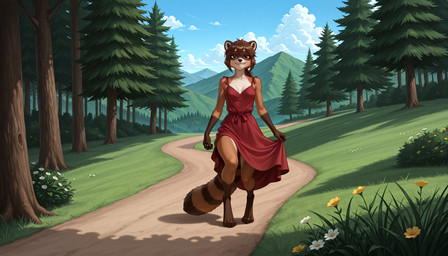 4_toes 5_fingers anthro artois_posting_service barefoot biped blue_sky breasts brown_body brown_fur brown_hair clothed clothing cloud comfyui_(software) day detailed_background digitigrade dress evergreen_tree eyebrows feet female fingers flatpiecexlvae_baseona1579_(vae) flower forest fur gloves_(marking) grass hair holding_object leg_markings looking_at_viewer markings mountain nai-diffusion-4-5-full_(model) nature novaexanimexl_(model) outside path pine_tree plant ponystandardvae_v10_(vae) realesrgan_x4plus_(upscaler) red_clothing red_dress ring_(marking) ringtail sdxl_vae_fp16_(vae) shadow shrub sky smile socks_(marking) solo standing striped_markings striped_tail stripes tail tail_markings toes tree tuft crashbandit mammal procyonid raccoon digital_media_(artwork) prompt_metainfo shaded