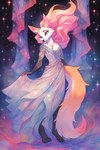 anthro blue_eyes canid canine clothed clothing curtains digitigrade dress female fluffy fluffy_tail fox full-length_portrait fully_clothed fur fuzzy_logic hair hi_res inner_ear_fluff jewelry long_hair mammal necklace orange_body orange_fur portrait smile solo space star tuft white_body white_fur