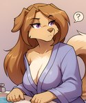 anthro big_breasts breasts brown_hair cleavage clothed clothing female fur hair long_hair off_shoulder partially_submerged purple_eyes question_mark robe solo twokinds anontk erilas_(twokinds) bird_dog canid canine canis domestic_dog hunting_dog mammal hi_res