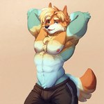 abs anthro black_bottomwear black_clothing black_nose blonde_hair blue_body blue_fur bottomwear cheek_tuft chest_tuft clothed clothing dog_tail elbow_tuft facial_tuft fur hair hands_behind_head male nipples orange_body orange_fur partially_clothed pecs solo solo_focus topless tuft malachiteai radley_heeler australian_cattle_dog canid canine canis cattledog domestic_dog herding_dog mammal pastoral_dog