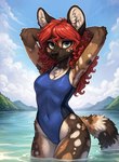 african_wild_dog anthro breasts camel_toe canid canine clothing colossal_exhoost_fume detailed_background female green_eyes hair hi_res looking_at_viewer mammal one-piece_swimsuit outside partially_submerged red_hair smile solo standing swimwear wide_hips