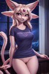 anthro bottomless breasts clothed clothing eeveelution espeon female generation_2_pokemon genitals hair looking_at_viewer night pink_body pink_eyes pink_hair pokemon_(species) pokemorph pussy shirt solo t-shirt topwear