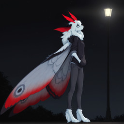 anthro clothed clothing female fur grey_eyes hair hoodie slim solo street_lamp topwear white_body white_fur white_hair wings seli-32 seli_(seli-32) arthropod hybrid insect lepidopteran moth absurd_res hi_res