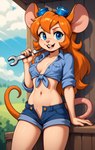 anthro clothed clothing female looking_at_viewer mouse_ears mouse_tail navel open_bottomwear open_clothing solo unzipped tricksterfox chip_n_dale_rescue_rangers gadget_hackwrench mammal mouse murid murine rat rodent absurd_res hi_res