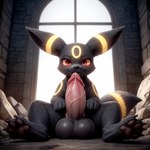 balls black_body black_fur bodily_fluids dripping feral fur genital_fluids genitals humanoid_genitalia humanoid_penis hybrid_genitalia hybrid_penis knot knotted_humanoid_penis looking_at_viewer male penis pokemon precum precum_drip sitting solo vein veiny_penis frenchsparrow eeveelution generation_2_pokemon pokemon_(species) umbreon