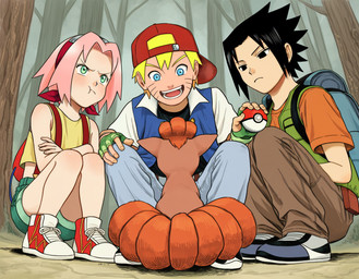 being_watched clothing cosplay crossover crossover_cosplay detailed_background feral footwear forest gloves group gym_leader handwear looking_at_another naruto plant pokeball sakura tree anonymous_director naruto_(series) nintendo pokemon ash_ketchum brock_(pokemon) misty_(pokemon) sasuke generation_1_pokemon pokemon_(species) vulpix
