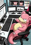 ambiguous_gender annoyed claws clothing computer detailed_background gaming_chair gloves handwear sitting solo anonymous_director nintendo pokemon generation_1_pokemon pokemon_(species) slowpoke hi_res