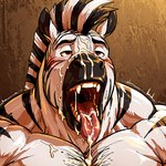 anthro black_stripes bodily_fluids cum cum_in_mouth cum_inside cum_on_face genital_fluids male muscular open_mouth solo stripes tongue tongue_out white_body dragonfox_(director) equid equine mammal zebra