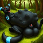 animal_genitalia balls belly big_balls big_belly feral forest genitals lying male on_back penis penis_tip plant sheath solo tree vore thedavid nintendo pokemon eeveelution generation_2_pokemon pokemon_(species) umbreon hi_res
