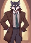 anthro bottomwear brown_clothing brown_jacket brown_topwear clothing fur grey_body grey_bottomwear grey_clothing grey_fur grey_pants jacket male necktie pants shirt solo topwear white_clothing white_shirt white_topwear yellow_eyes tanimationllc canid canine canis mammal wolf